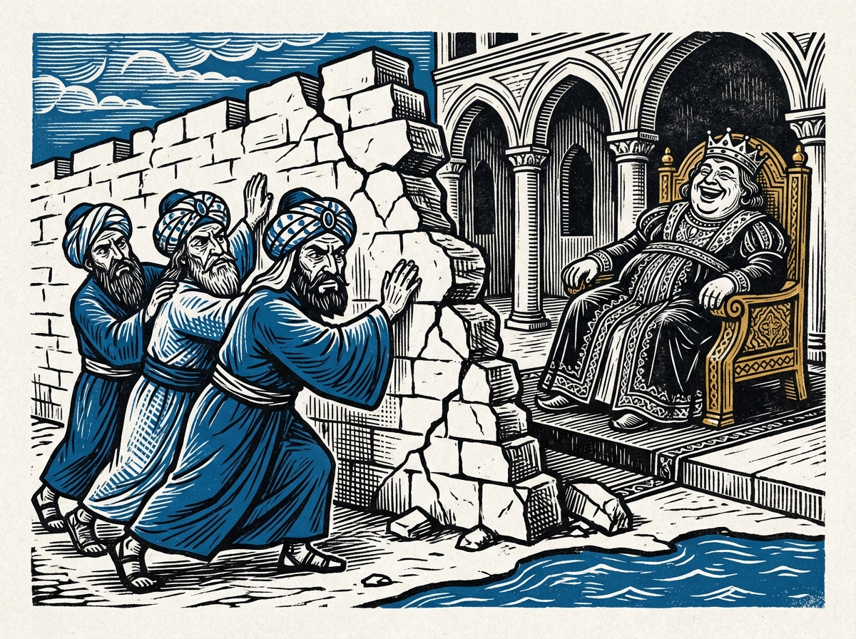 Ilustrasi tokoh agama menahan dinding yang roboh sementara penguasa tertawa