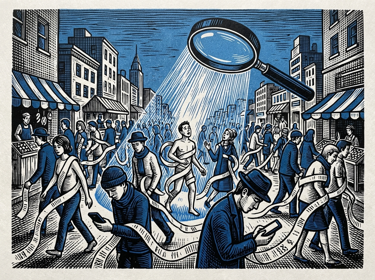 Ilustrasi kerumunan orang di jalan kota, masing-masing menyeret pita kertas bertulisan yang membuka identitas mereka, sementara kaca pembesar raksasa mengawasi dari langit