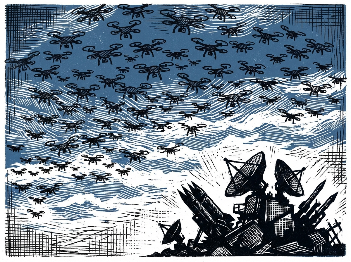 Swarm drone mengepung sistem pertahanan yang runtuh