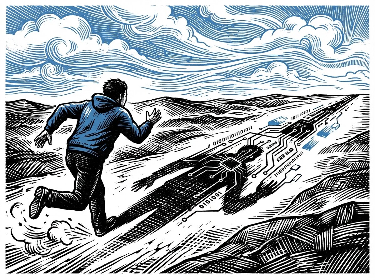 Ilustrasi: Manusia mengejar bayangannya yang berubah menjadi pola digital